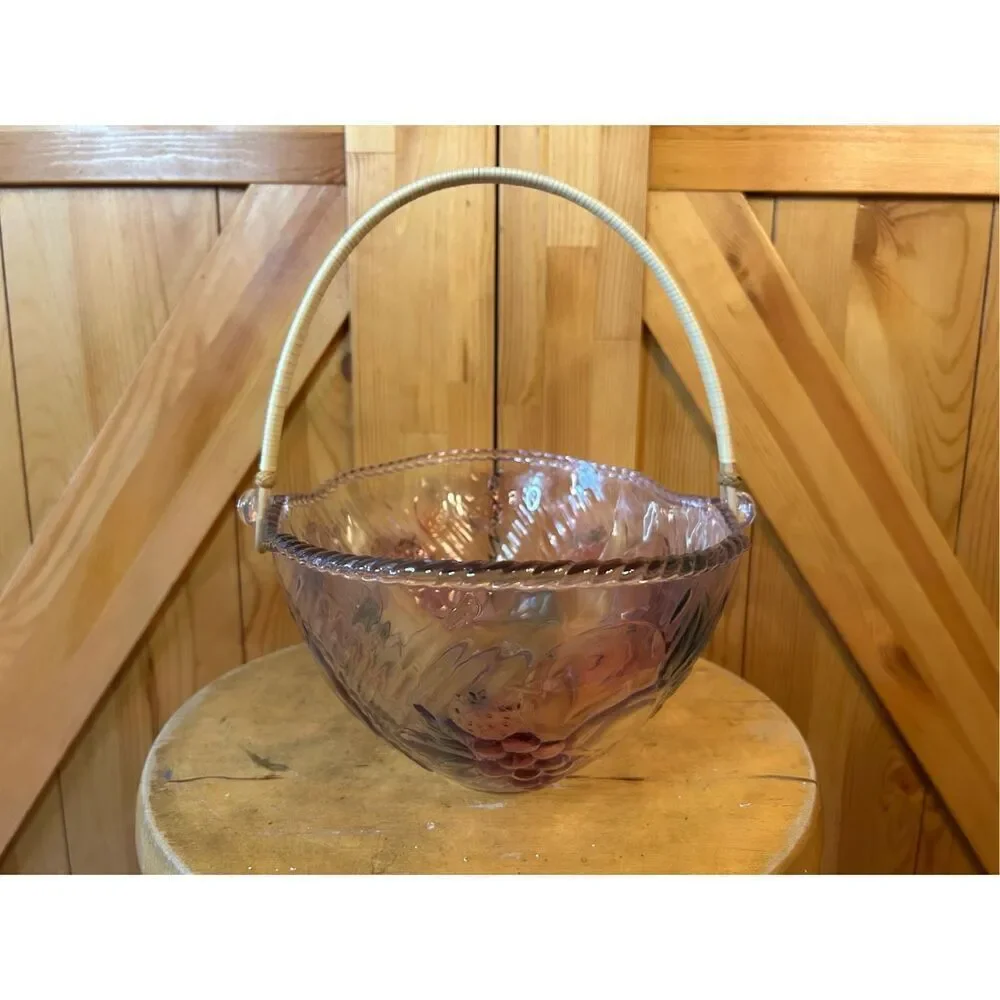ADERIA Vintage Glass Fruit Bowl Basket Has Handle Color Purple Pink Green Grapes